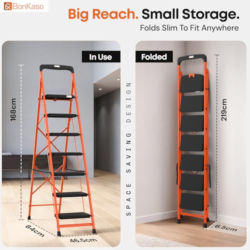 Image of BonKaso climb easy 7 Step Foldable Steel Kitchen Ladder for Home,Office & Outdoor Use with Safety Clutch Lock,Anti-Slip Wide Steps,Support Handle & Tool Tray, Load Capacity Upto 120kg (Orange & Black)