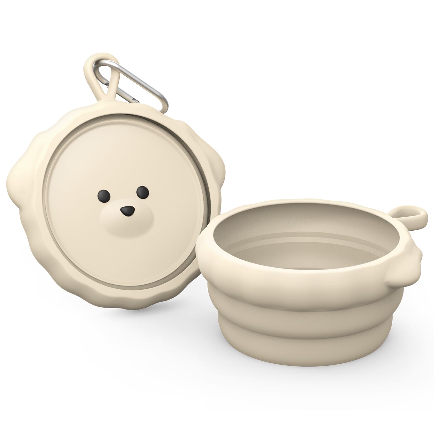 Lunabear Collapsible Bowl for Dogs and Cats, Travel Feeder and Drinker | Portable Food Silicone, BPA Free, Dishwasher Safe, with Carabiner (Ivory)