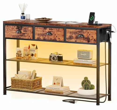 Furologee Console Table with Charging Station & 3 Fabric Drawers, 38'' Entryway Table with Storage...