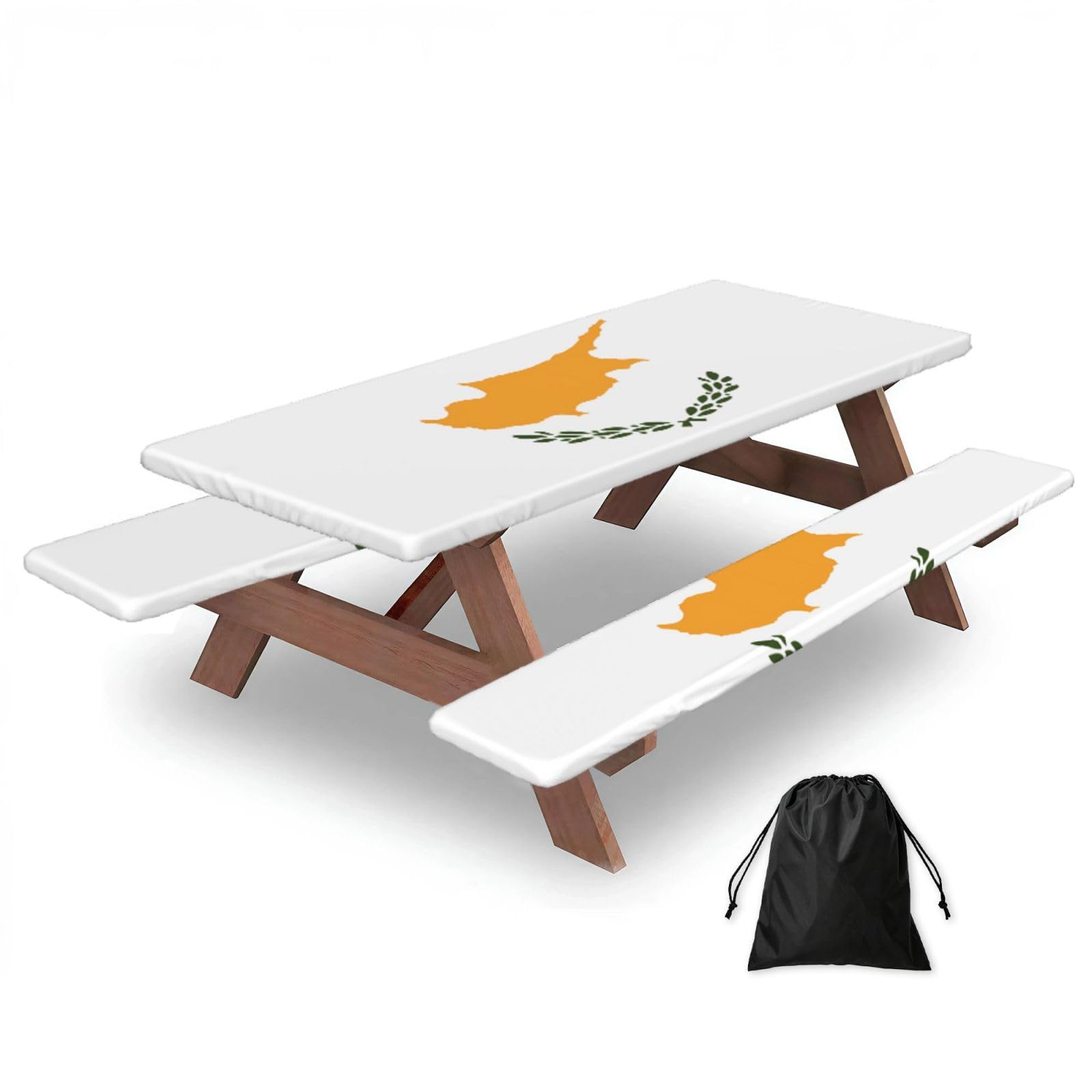 Erwqavc Black Flag Of Cyprus Print Picnic Table Cover & Bench Covers 3-Pack Set, Elastic Tablecloths For 6 Ft Rectangle Tables
