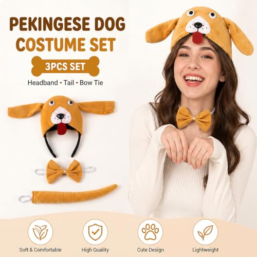 Image of Pekingese Headband with Bow and Tail Costume Set, Halloween Animal Ears Costume Dress Up Suit, Cosplay Party Supplies for Adult