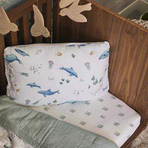 Image of Little Unicorn Standard Pillowcase 2 Pack | Super Soft & Breathable Muslin Fabric | Snug Envelope Closure | for Crib and Toddler Bed (Whales)