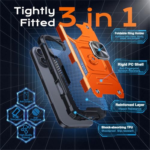 Image of Anqrp Heavy Duty Case for iPhone 16 Case with Enhanced Ring Holder Grip Stand, Military Grade Shockproof Rugged Drop Protective Silicone Hard Slim iPhone 16 Phone Case Cover,Orange