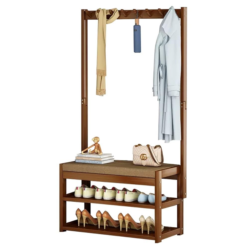 GDMDPTE Heavy Duty Hall Tree with Bench - Freestanding Wooden Coat Rack Stand 5 Hooks & 2-Tier Shoe Rack Entryway nizer with Shelf Easy Assembly for Hallway & Mudroom