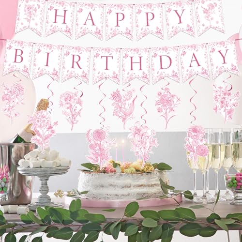 Image of JarThenaAMCS 11 Pcs Pink Flower Birthday Banner Chinoiserie Floral Happy Birthday Bunting Garland with Elegant Flower Hanging Swirl for Party Decoration