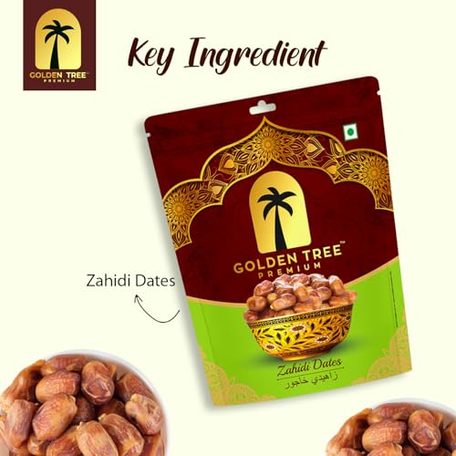 Image of Golden Tree Soft Zahidi Dates| Organic Whole Zahidi Khajoor Natural Sweeteners| NON-GMO| VEGAN| No Preservatives| Sun-Dried Dates in Resealable Bag Fresh Healthy Dried Fruit Snack (500 Grm)