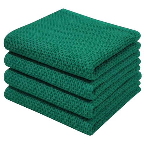 Image of Homaxy 100% Cotton Waffle Weave Kitchen Dish Towels, Ultra Soft Absorbent Quick Drying Cleaning Towel, 13 x 28 Inches, 4-Pack, Dark Green