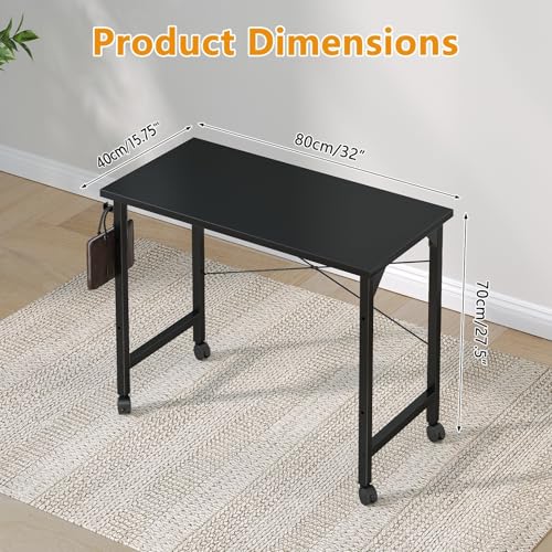 Image of Grandder Rolling Computer 32 inch Desk with Wheels, Wroking Small Desk for Living Room, Modern Simple Style Table for Home Office, Study Writing Table, Caster, Black, 32 inch