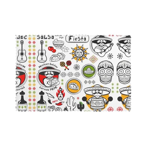 Juego de 6 manteles individuales antideslizantes para mesa de comedor y cocina con estampado de símbolos de salsa mexicana