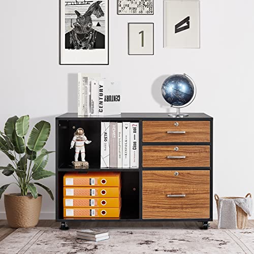 Bonnlo Black & Brown 3 Drawer File Cabinet With Lock, Wood Lateral File Cabinets For Home Office, Printer Stand With File Cabinet, Rolling File Cabinet With Open Shelves, Letter Filing Cabinet, 26" H #TOP5