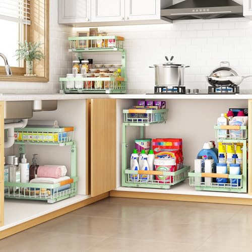 Image of PXRACK Under Sink Organizer, Adjustable Height, 2 Tier Pull Out Under Cabinet Organizer, Slide Out Thickened Metal Under Sink Storage for Kitchen Bathroom Laundry Pantry Cabinet, Green, Large-1-Pack