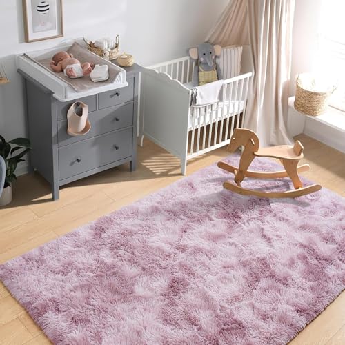 Grand tapis moderne à poils longs rose foncé texturé chic - 2