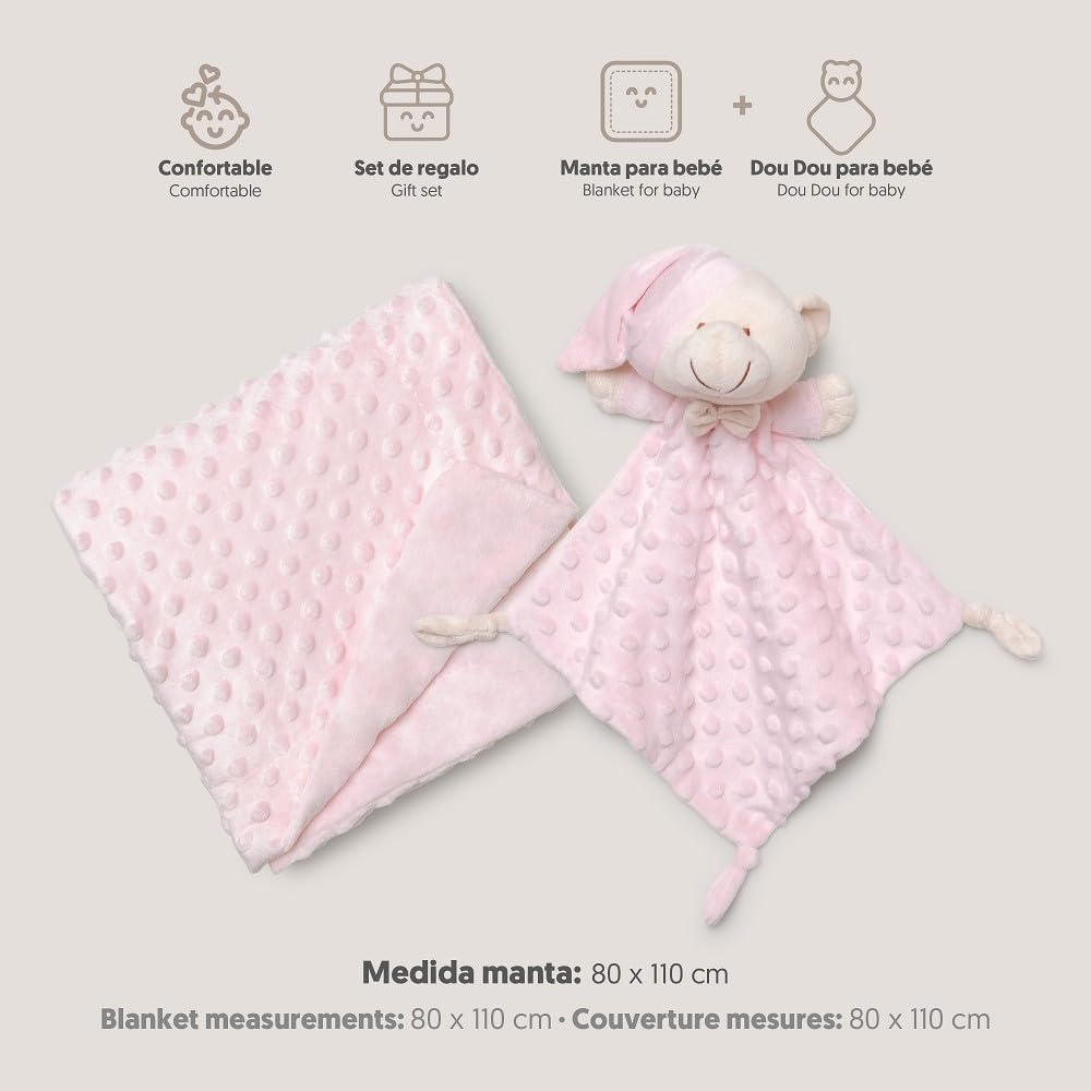 Interbaby Copertina + Doudou Neonato | Copertina Neonato Cotone 80x110cm a Bolle + Peluche Orsetto 28x17cm | Regalo Nascita Neonato Maschio e Femmina in Confezione Regalo (Rosa)
