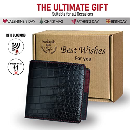 Image of Mens Black Red Slim Bifold Leather Wallets RFID Blocking Leather Wallet Double Side Luxury Passcase with ID Window Classic Handmade Gift for Dad Son Husband Boyfriend, Wedding, Father's Day VIMIX-81
