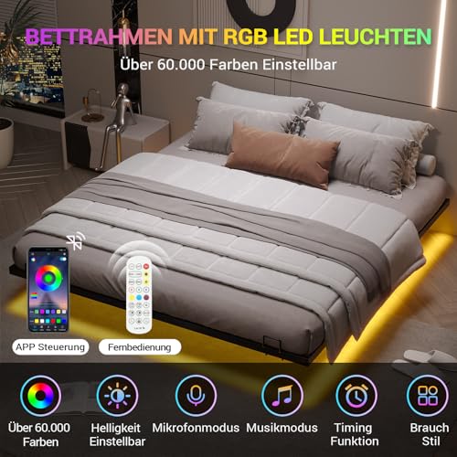 DICTAC Bett 160x200 mit LED Beleuchtung Bettgestell 160x200 mit Lattenrost aus Metall Metallbett Floating Bed Frame Gästebett Jugendbett mit Licht-Robust und Stabil, Leichte Montage,Schwarzer