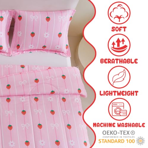 Image of Yibeizi Pink Strawberry Comforter Set for Girls Twin Bow Striped Bedding