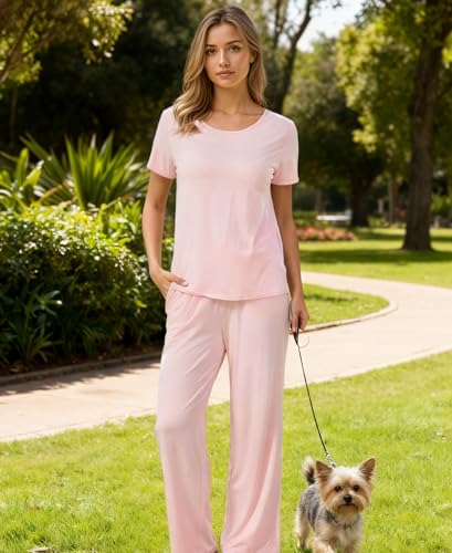 Image of GYS Bamboo-derived Viscose Women's Pajamas Set Short Sleeve Top With Pants 2-Piece Sleep Set