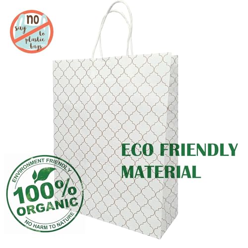 Image of Aakriti Craft Paper Bags - Elegant White Gift Bags with Geometric Design & Rope Handles | Small Boutique Shopping Bags for Retail, Gifts & Merchandise (10 PCS, 10x8x3 Inch)