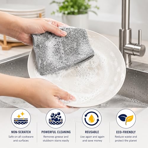 Image of 6 Pack Non-Scratch Wire Dish Cloth with 3 Scrub Cleaning Brushes & 3 Free Hooks | Reusable Wire Dishwashing Cloth for Wet & Dry Use | Kitchen Scrubber for Dishes, Utensils, Sink, Stove & Cookware