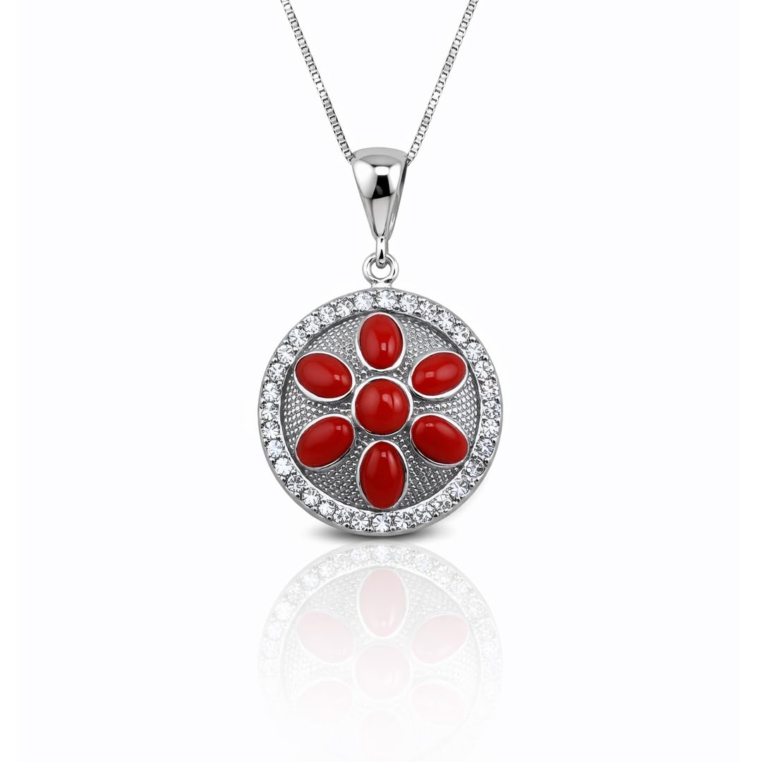 Ciondolo elegante tondo in argento 925 Rodiato con corallo rosso naturale del Mediterraneo catenina veneziana 45 cm gioiello donna ragazza elegante artigianale