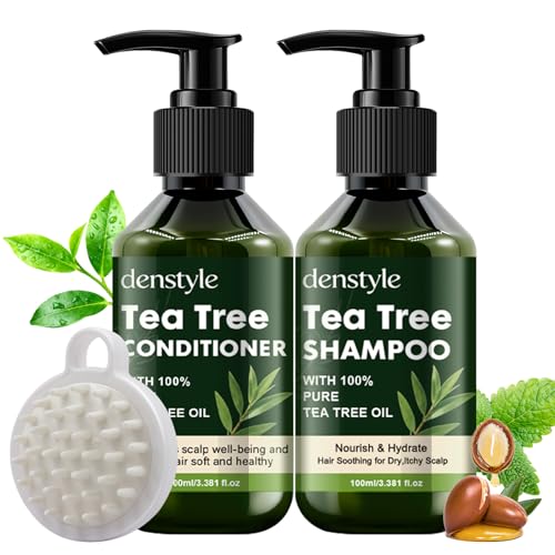 Travel Size Tea Tree Shampoo and Conditioner Set+ Scalp Massager Brush - Moisturizing & Dandruff Treatment with Mint & Argan Oil - For Dry Itchy Scalp Relief & Anti Hair Loss.(100ml+100ml)