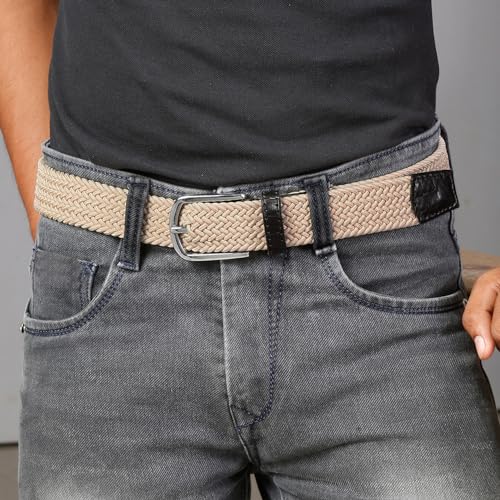 Image of LOUIS STITCH Men's Braided Elastic Stretch Belt with Leather Tipped End Stretchable Canvas Waist Band for Men Women Boys Girls Unisex (Width 3 cm) (BE-EL)