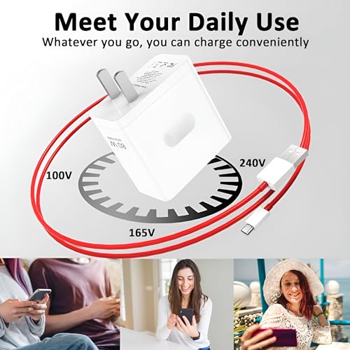 Image of One Plus 80W Type C Supervooc Charger with Red Cable Compatible with One Plus 12R /12 /11R /11 /10 Pro /10 /10t /10R /9rt /9 Pro | Ce 4 /Ce 3 /Ce 2 / Ce 4 Lite /Ce3 lite /Nord 3 /2 /2T /, 65 w Charging Adaptor, White