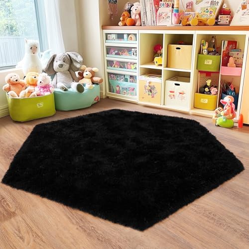 4x4.6 Feet Black Hexagon Rugs for Bedroom, Ultra Soft Fluffy Hexagon Area Rug for Kids Room, Cute Shag Rugs for Boys Girls Room, Fuzzy Plush Carpet for Tent Castle Home Decor