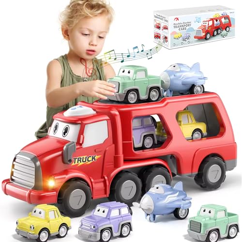 Tucorresi 5 en 1 Carritos Juguetes Niño 3 a 8 Años, Camiones de Transporte Gran Cargado con 3 Mini Coches de Juguetes y 1 Avión, Carros Juguete con Sonido,...