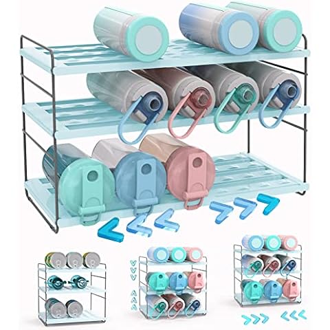 Water Bottle Organizer for Cabinet, 3-Shelf Expandable & Height Adjustable Storage Rack for Kitchen Cabinets Pantry, Tumbler Organizer for Cups with Straws, Holds 15 Bottles (Powder Blue) Cover
