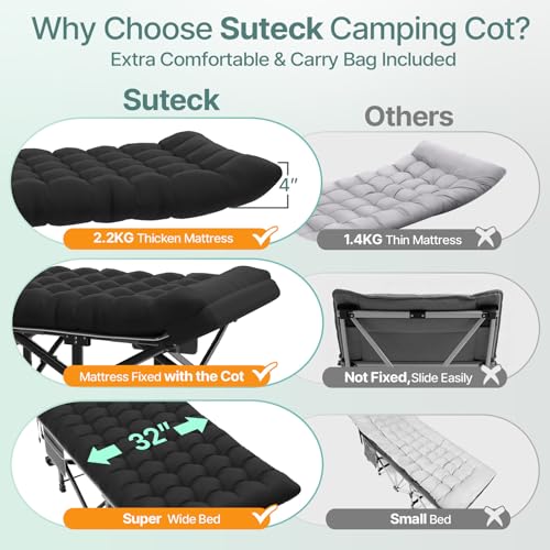Image of Suteck 32In XXL Folding Camping Cot, 900LBS Heavy Duty Sleeping Cot with Pillow Mattress, 1200D Double-Layer Oxford Portable Cot for Adults with Carry Bag for Home Office Nap Beach Travel