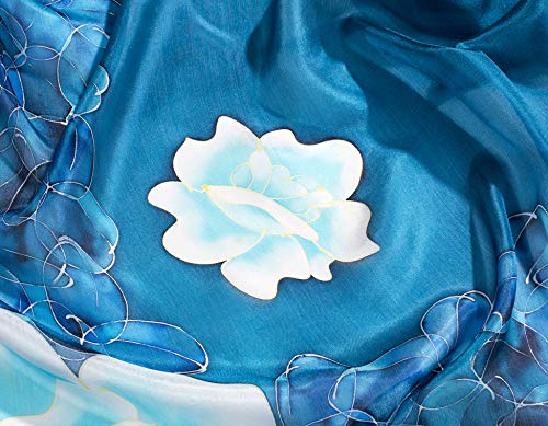 Invisible World Women's 100% Silk Hand Painted Scarf Square Roses French Blue4