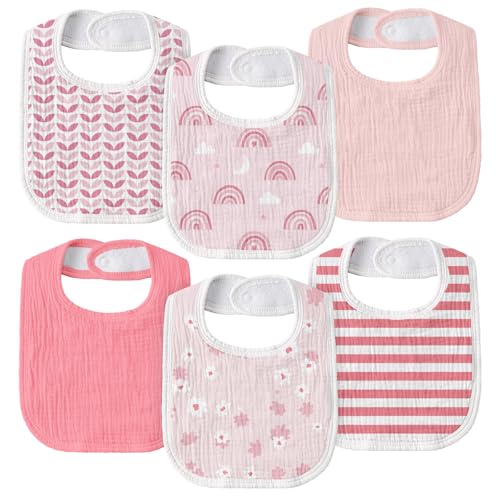 Image of Muslin Bibs for Baby Girl, Adjustable Fit for Drooling and Teething Toddler | 6Pk, 100% Soft Cotton Surface & Multi-Layer Absorbent Core, Shrink-resistant & Fade-Proof, Gentle on Sensitive Newborn skin