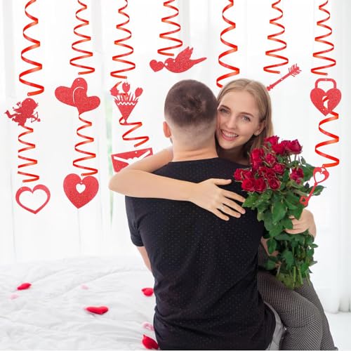 Image of Festiko Cardstock 11 Pcs Valentine's Day Hanging Swirl Decorations (Swirls 2), Red Hearts Swirls For Love Decoration