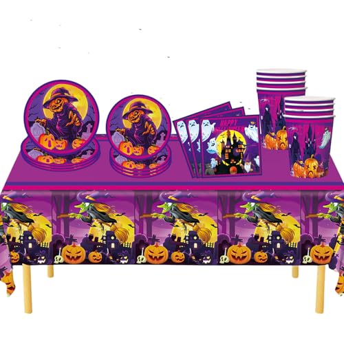 69 Piezas Set Vajilla Desechable,Platos Desechables Elegantes Servilletas Vasos Papel Mantel Plásticos Decoración de Mesa,Bruja Vajilla Desechable Morado Biodegradable para Fiesta de Halloween