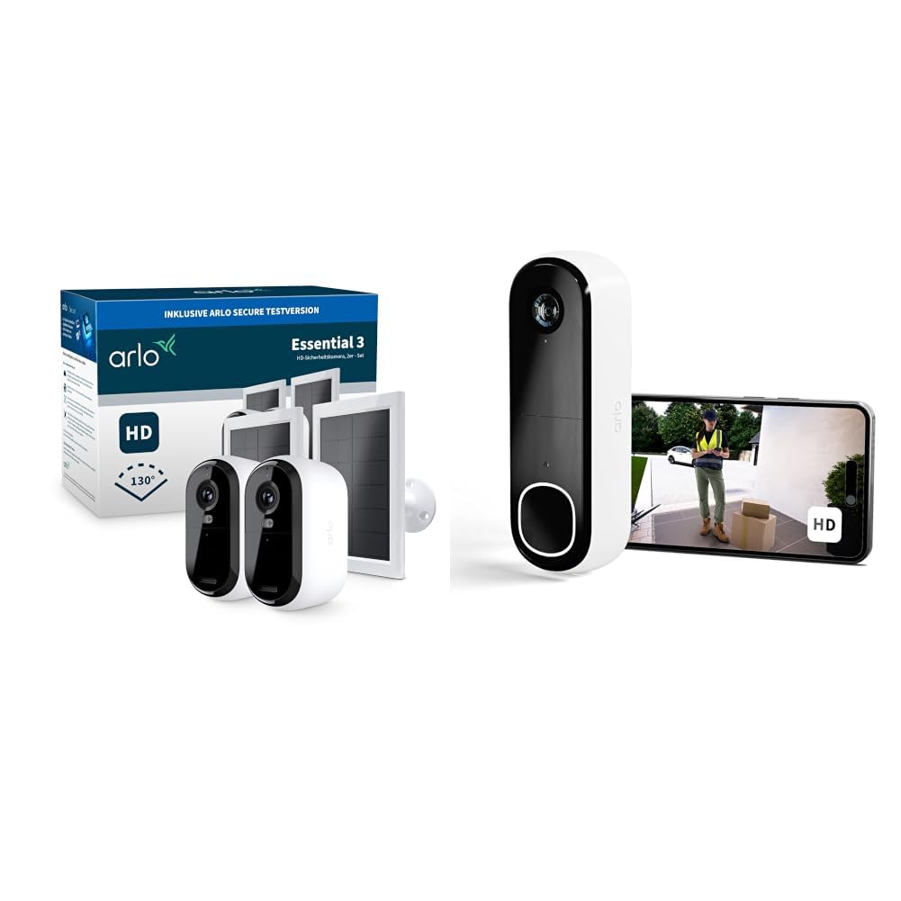 Arlo Essential 3 HD + 2 Panneau Solaire + Sonnette, Caméra de Surveillance WiFi Extérieure sans Fil, Vision Nocturne Couleur, Audio Bidirectionnel, Essai Secure Inclus, 3 Caméras Blanc