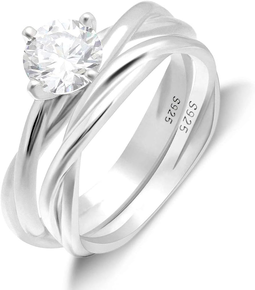 Aurora CZ Wedding Ring Set for Women White Gold over Sterling Silver Twist Ring and Band Set Fake Engagement Rings for Women, Travel Bridal Sets, Cubic Zirconia Promise Rings for Her