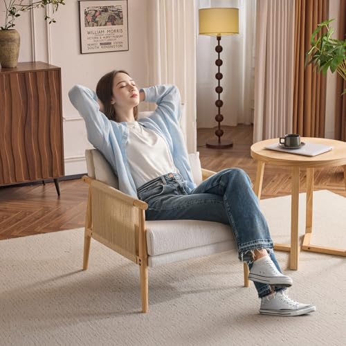 VINGLI Boho Braid Accent Armchair,Mid-Century Modern Chiar with Solid Wooden Armrest,Comfy Louge Cushion Chair with Waist Pillow for Bedroom,Living Room,Reading Room, Beige - Image 5