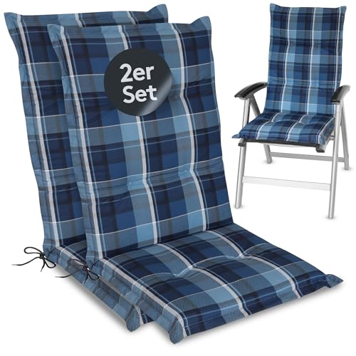 LILENO HOME Gartenstuhl Auflagen als [2er Set - Hochlehner] in Karo Blau - Bequeme Liegen als Sitzauflagen für Gartenmöbel - Stuhlkissen für Gartenstühle und Klappstühle