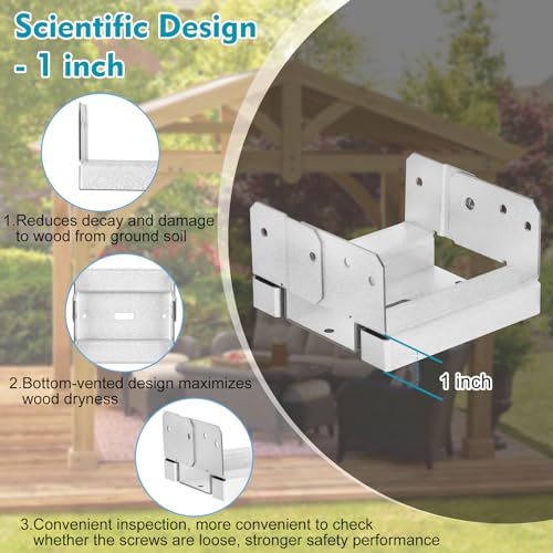 10 PCS 6x6 Post Base for Concrete, Adjustable Aluminum-zinc Plated Steel Deck Post Anchor Base for 5.5x5.5 Wood, Post Base Holder with 1\" Standoff for Deck Gazebo Pergola Porch（Includes Screws - Thumbnail 5