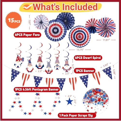 4th of July Patriotic Decorations - 15PCS Fourth of July Patriotic Party Supplies, Red White Blue Paper Fans Hanging Swirls USA Banner Star Streamer for Veterans Labor Memorial Day Party Favors — view 2