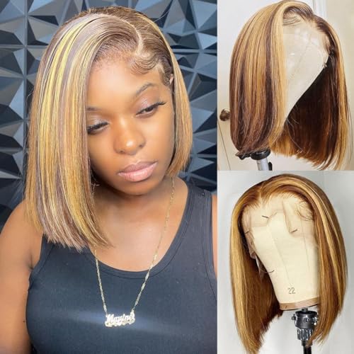 HIRIREMY Bob Wig Human Hair 13x4 HD Lace Frontal Short Straight Lace Front Bob Wigs for Black Women Human Hair Pre Plucked Glueless Side Part 180% Density Ombre Highlight 4/27 12 Inch