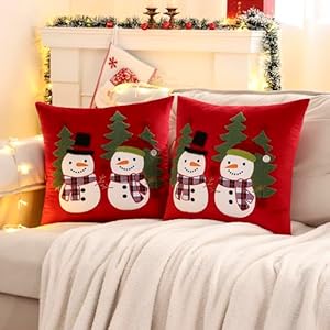 Red Christmas Pillow Covers 18×18 Set of 2 Cute Snowmen Embroidered Pillow Cases Winter Holiday Velvet Cushion Covers for Couch Sofa Bed