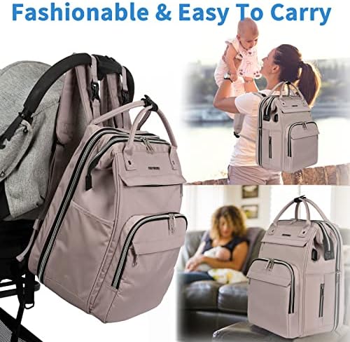 EMPSIGN Baby Changing Bag Backpack, Large Nappy Back Pack Multifunction Baby Bags, Portable Travel Diaper Bag with Foldable Cot Bed, USB Charging Baby Bag for Mom, Dusty Pink