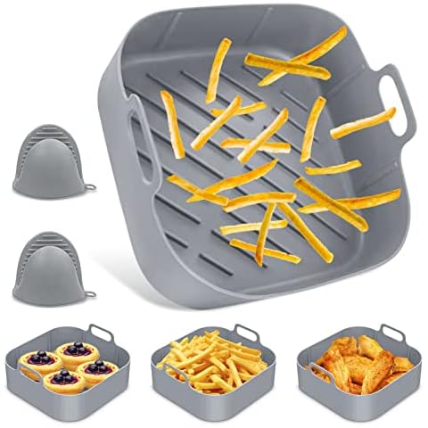 Silicone Mould Hot Air Fryer, 20 cm Hot Air Fryer Basket Silicone with Two Oven Gloves, Air Fryer Liners Reusable Hot Air Fryer for Microwave Oven Accessories Kitchen Tool (3) Cover