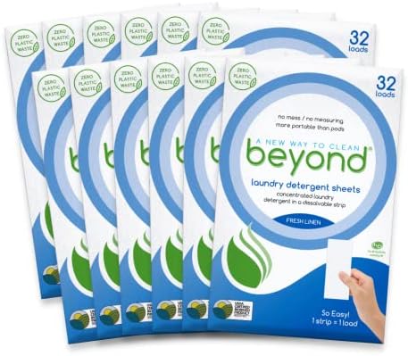 Beyond Laundry Detergent Sheets (12 packs of 32 sheets) - Fresh Linen - Eco-friendly, Hypoallergenic. Biodegradable. Paraben free. Travel friendly. Plastic Free Packaging