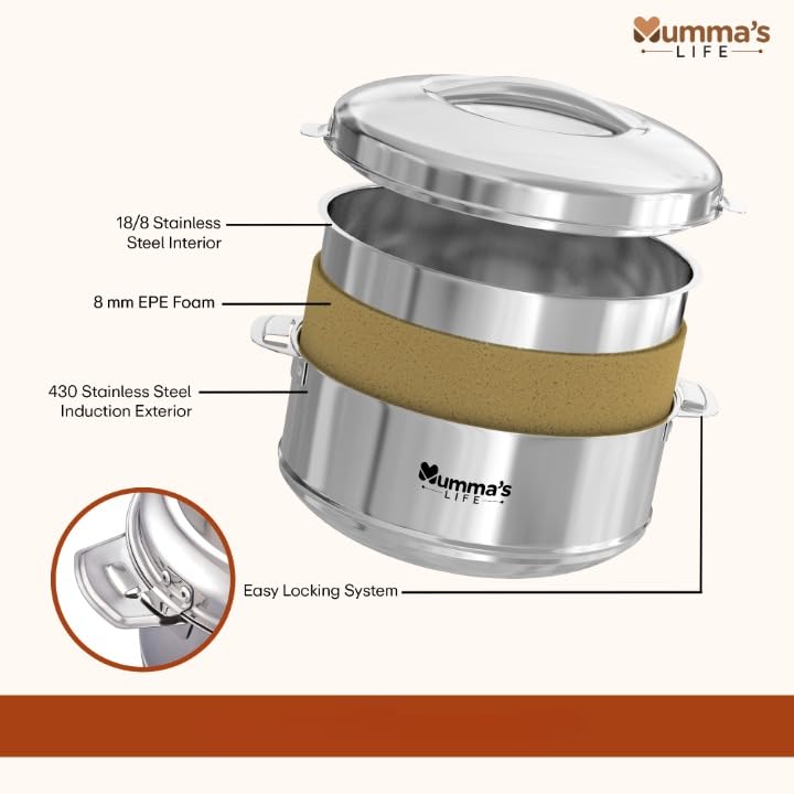 Mumma's LIFE Hot Box | Stainless Steel Casseroles | Hot Boxes for Kitchen | Insulated Stainless Steel Casserole | Hot Food, Easy to Store| Hygiene | Odourless (Silver) (3600ML) 1