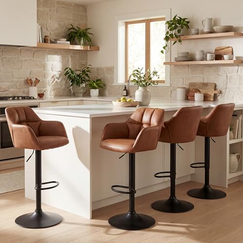HNY Butaco Ajustable para Barra, Set de 4, Marrón | Cuero Sintético, Giratorio, Con Respaldo y Brazos, Moderno Tapizado, Para Isla de Cocina/Bar/Comedor miniatura 1