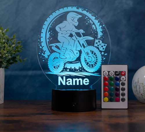 Optechvisual Lampe Motocross Personnalisée – Veilleuse LED Moto Cross avec Prénom, Cadeau Pilote MX & Enduro, 16 Couleurs