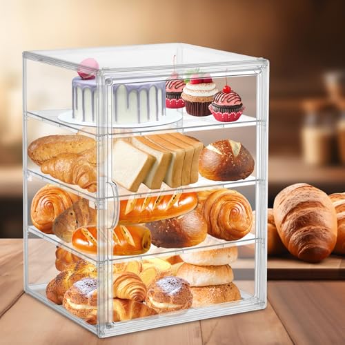 YEXEXINM 4 Layers Acrylic Pastry Display Case - Adjustable Clear Bread Storage Box for Kitchen Countertop,Large Bread Storage Container, Clear Boxes Bread Holder for Bread, Bagel, Muffins